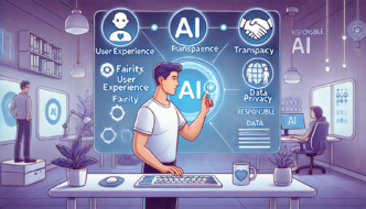 A person in a modern office setting interacting with a large AI interface highlighting fairness, user experience, transparency, and data privacy.