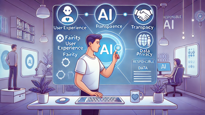 A person in a modern office setting interacting with a large AI interface highlighting fairness, user experience, transparency, and data privacy.