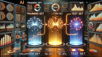 Three futuristic data holograms labeled ‘Training Set,’ ‘Validation Set,’ and ‘Test Set,’ surrounded by charts, graphs, and AI visuals.