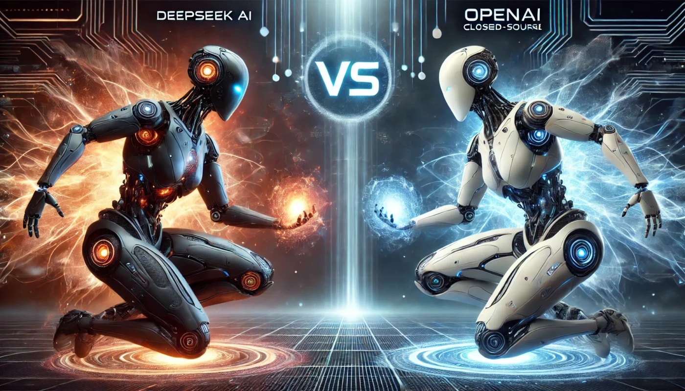 Two futuristic humanoid AI robots labeled DeepSeek and OpenAI facing each other with glowing energy spheres, highlighting a rivalry