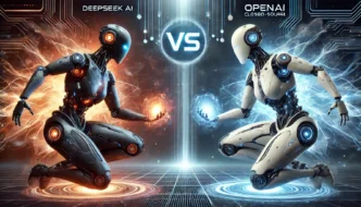 Two futuristic humanoid AI robots labeled DeepSeek and OpenAI facing each other with glowing energy spheres, highlighting a rivalry