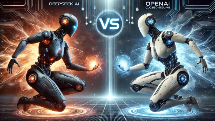Two futuristic humanoid AI robots labeled DeepSeek and OpenAI facing each other with glowing energy spheres, highlighting a rivalry
