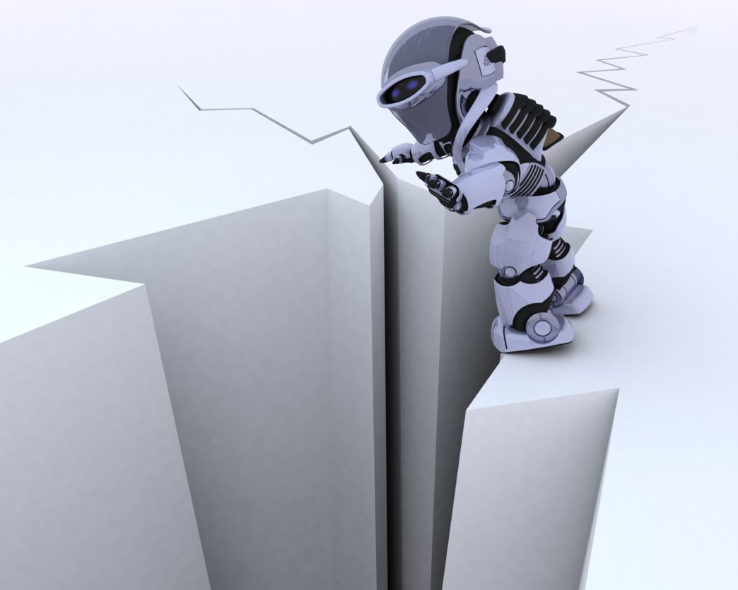 A small, futuristic robot peering into a deep crack on a vast, monochromatic surface.