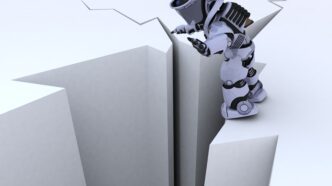 A small, futuristic robot peering into a deep crack on a vast, monochromatic surface.