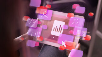 A person interacting with a tablet displaying floating pink and red UI icons, representing analytics, coding, and user interface elements.