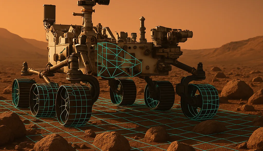AI-powered Space exploration rover on Martian terrain with digital wireframe overlay, Earth visible in the distant sky.