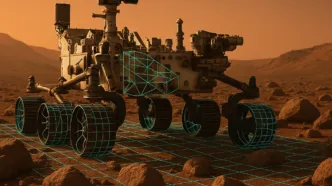 AI-powered Space exploration rover on Martian terrain with digital wireframe overlay, Earth visible in the distant sky.