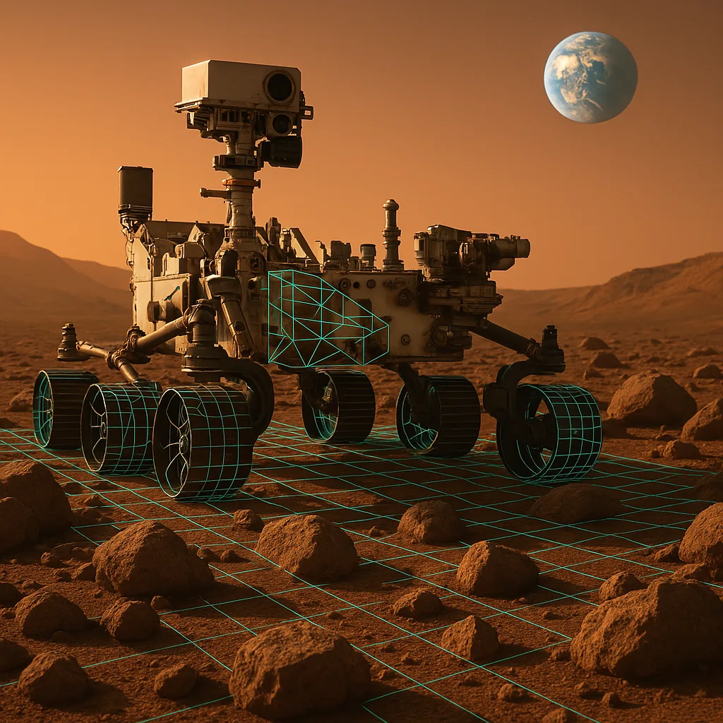 AI-powered Space exploration rover on Martian terrain with digital wireframe overlay, Earth visible in the distant sky.