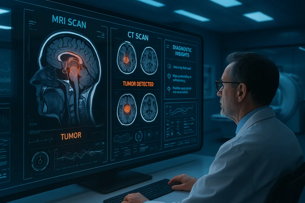 Doctor analyzing detailed MRI and CT scans showing brain tumor detection on advanced medical imaging screen.