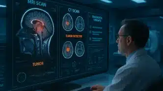 Doctor analyzing detailed MRI and CT scans showing brain tumor detection on advanced medical imaging screen.