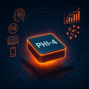 Futuristic PHI-4 AI chip hovering over a circuit board with holographic data and neural icons