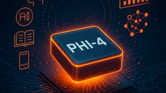 Futuristic PHI-4 AI chip hovering over a circuit board with holographic data and neural icons