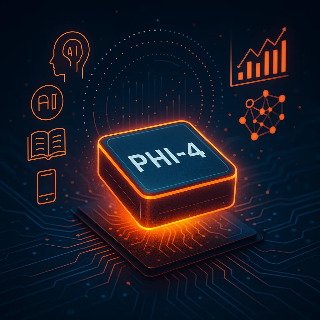 Futuristic PHI-4 AI chip hovering over a circuit board with holographic data and neural icons