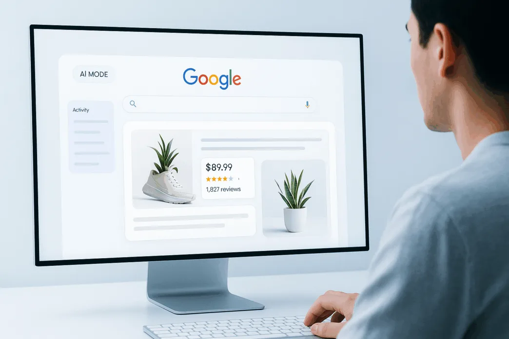 Blog header image showing Google AI Mode with search bar, product and image results, and a person browsing on desktop.