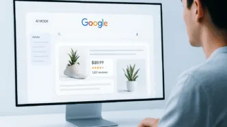 Blog header image showing Google AI Mode with search bar, product and image results, and a person browsing on desktop.