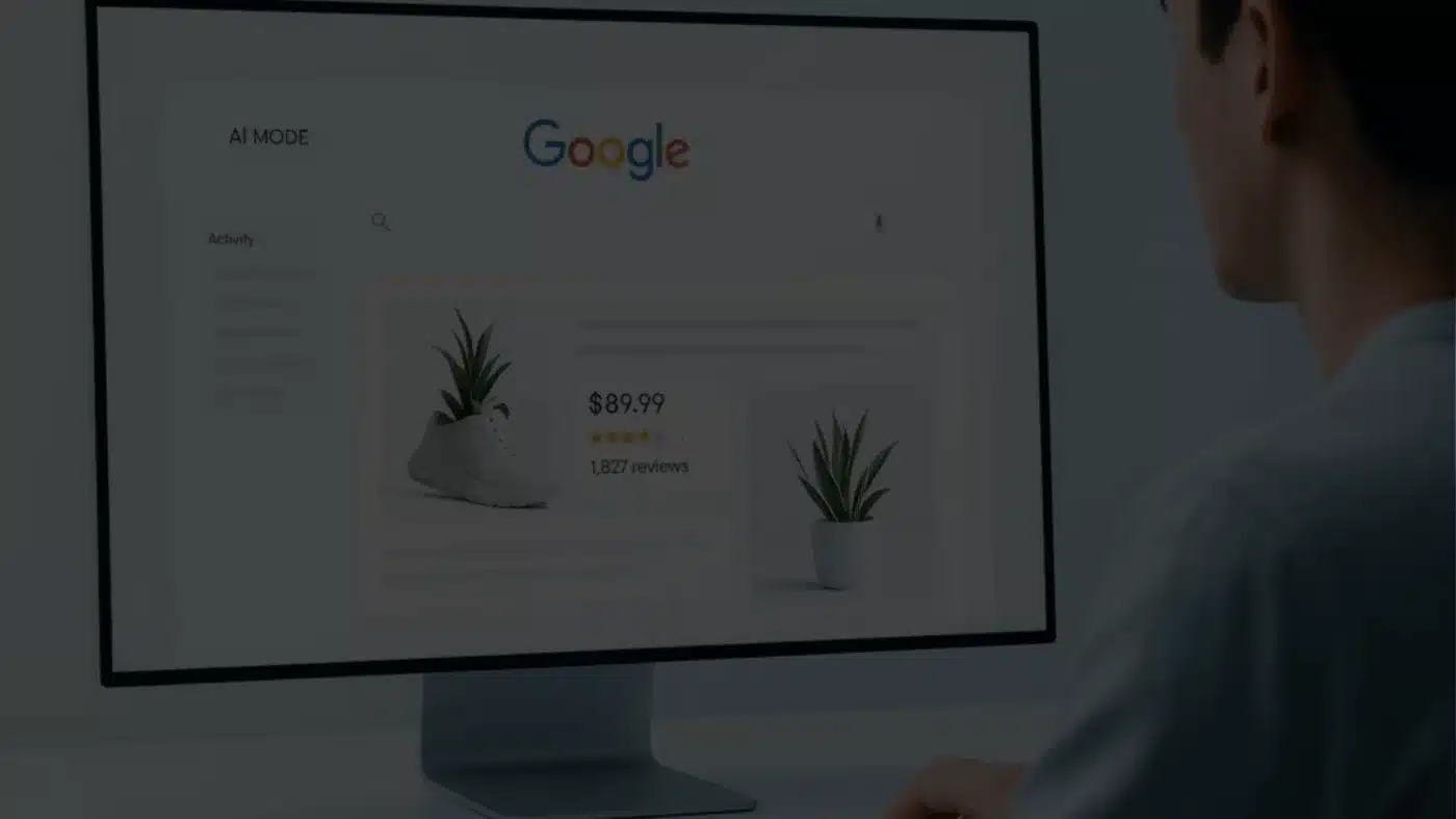 Person looking at a desktop monitor showing a Google “AI Mode” shopping search with a sneaker and potted plant priced at $89.99