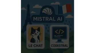 Illustrated banner featuring the Eiffel Tower, French flag, and “Mistral AI” logo with icons for Le Chat (a cat) and Codestral (code monitor)