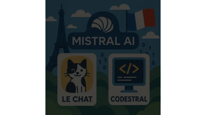 Illustrated banner featuring the Eiffel Tower, French flag, and “Mistral AI” logo with icons for Le Chat (a cat) and Codestral (code monitor)