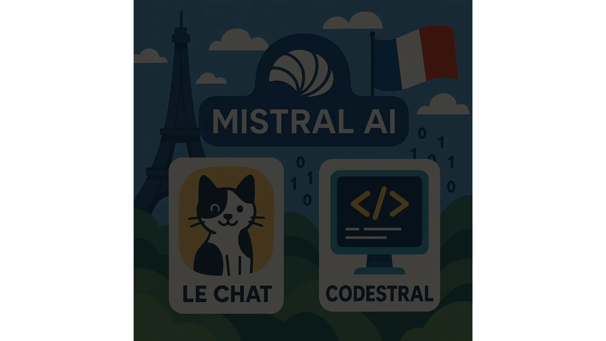 Illustrated banner featuring the Eiffel Tower, French flag, and “Mistral AI” logo with icons for Le Chat (a cat) and Codestral (code monitor)