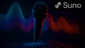 SUNO AI generating music from text using futuristic interface