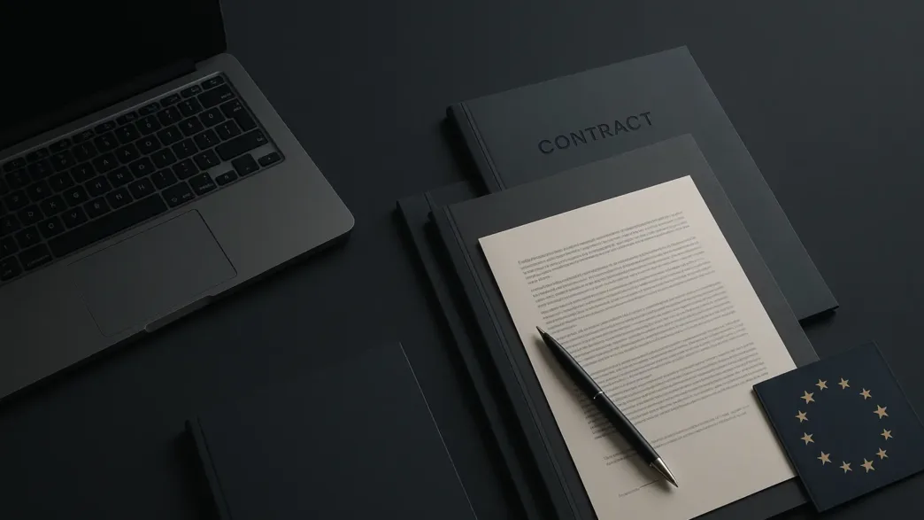 Professional dark-themed business header image for EU AI Act compliance guide featuring corporate office setting with documents and laptop