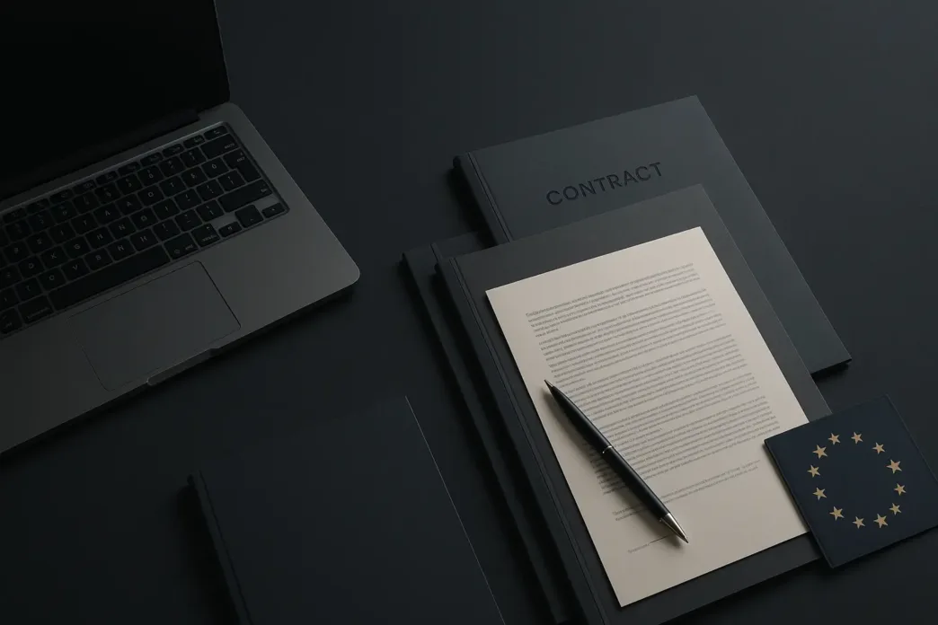 Professional dark-themed business header image for EU AI Act compliance guide featuring corporate office setting with documents and laptop
