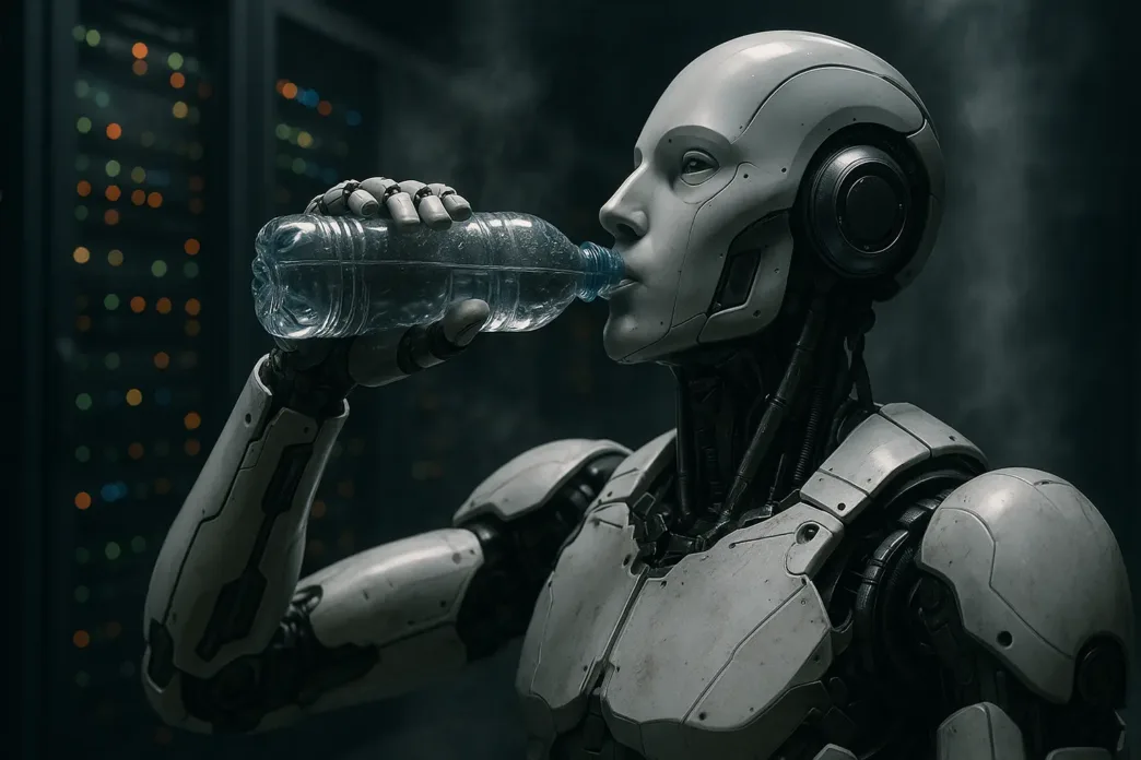 Data center with servers and a water bottle symbolizing AI water consumption and environmental impact