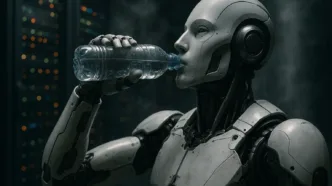 Data center with servers and a water bottle symbolizing AI water consumption and environmental impact