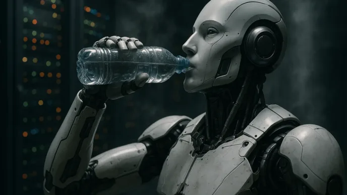 Data center with servers and a water bottle symbolizing AI water consumption and environmental impact